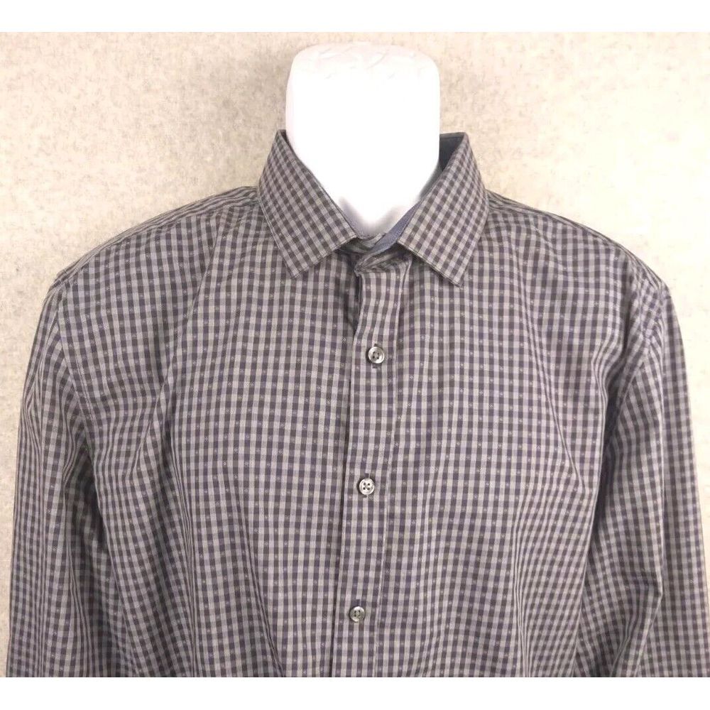 Bar III Mens Shirt Button Up Long Sleeve XL 17/17.5-34/35 Gray Gingham Plaid